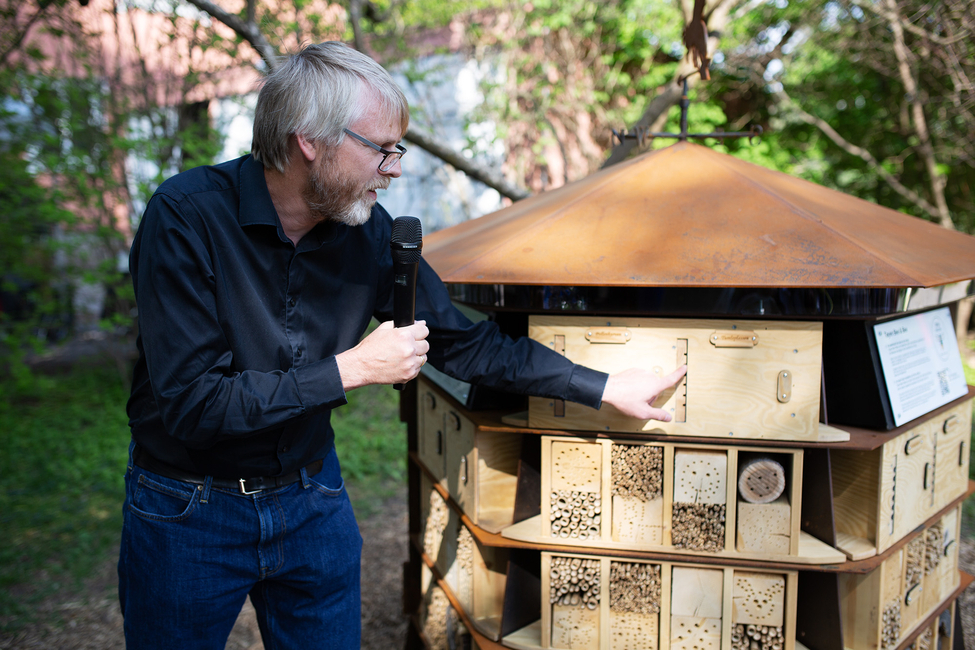 Forsker Hallvard Elven presenterer biehotellet i Botanisk hage.
